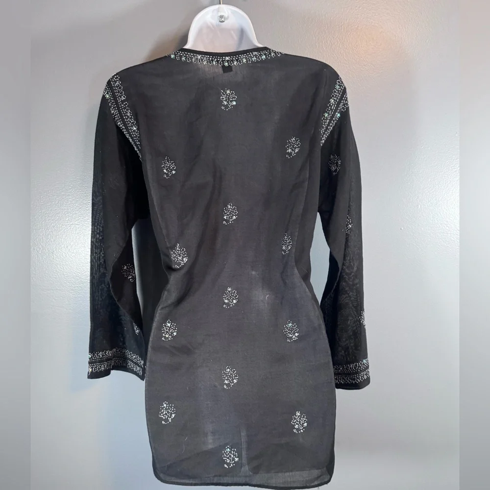 Sam Hilu Black Embroidered Tunic Top Boho India Cotton Medium - Picture 5 of 10